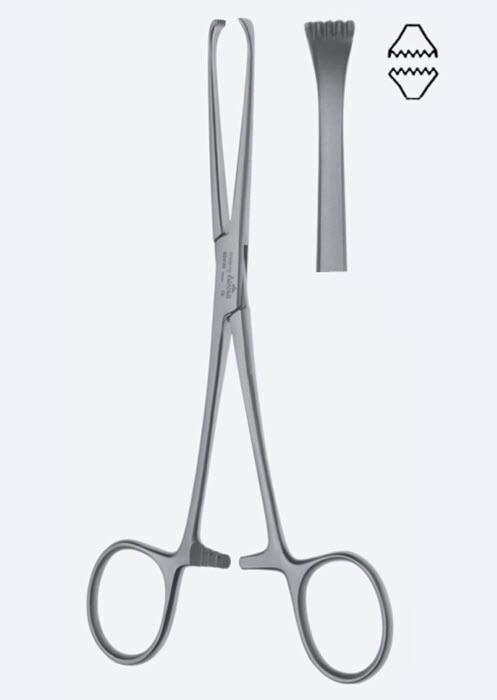 Зажими, хірургічні, "Allis", для захоплення кишечника і тканин, прямі, зубчасті, зубці 5 х 6, загальна довжина 155 мм, 6 1/8"